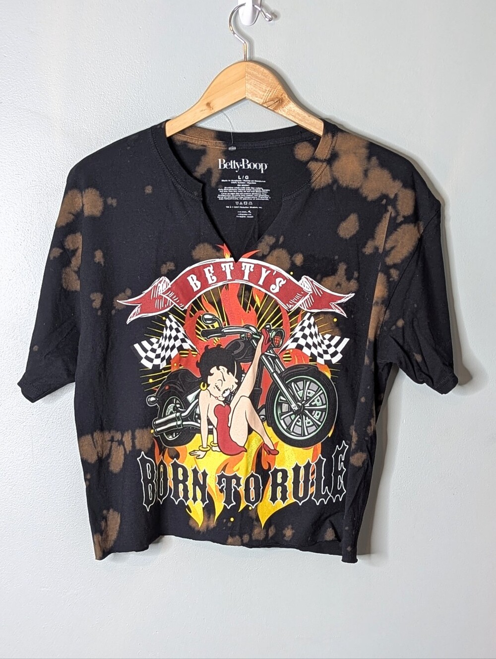 Betty Boop Born To Rumble Boxy Black Tie Dye Bike Graphic Short Sleeve T-shirt L